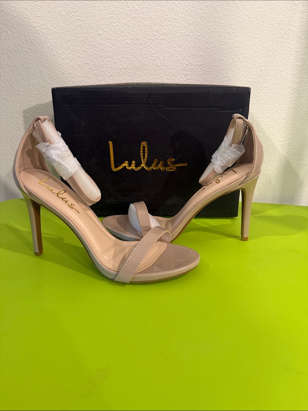 Lulu's Nude Patent Open-Toe Stiletto Sandals